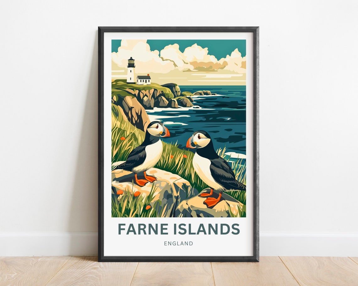 Farne Islands England Puffins Lighthouse Coastal Travel Poster