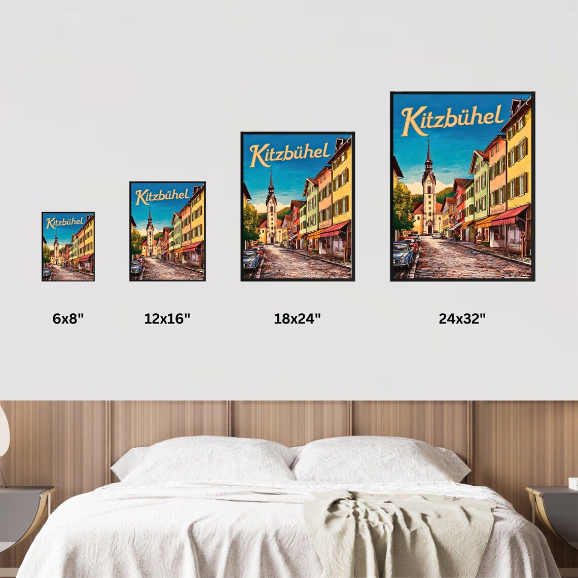 Kitzbuhel Austria Vintage Street Poster Cobblestone Town Church Spire - Image 4