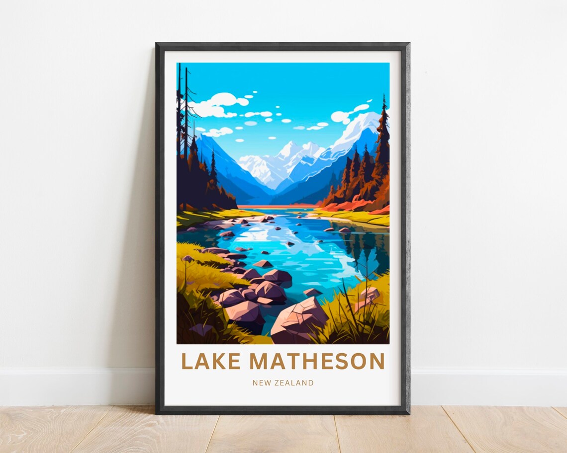 Lake Matheson New Zealand Snowy Peaks Alpine Lakeside Poster