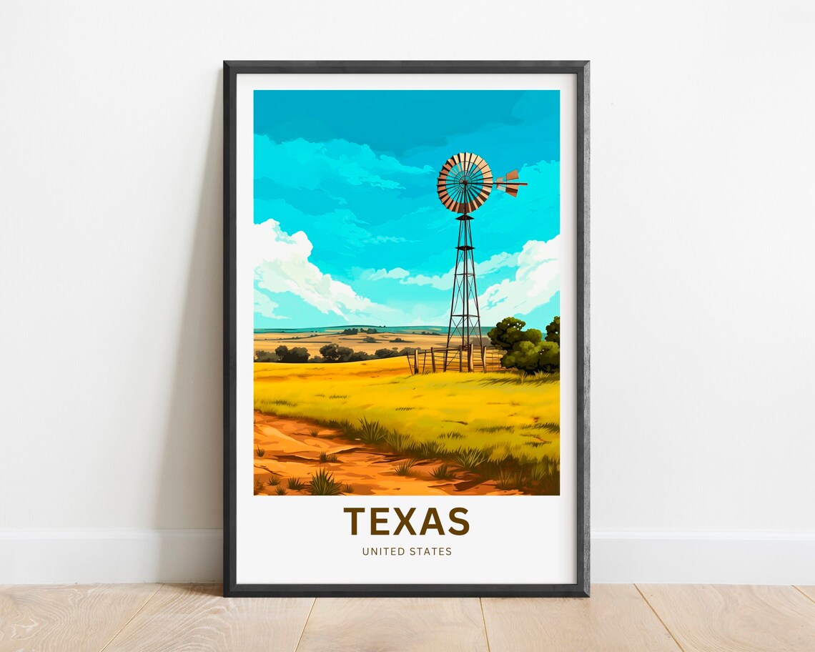 Texas Windmill Over Turquoise Sky And Wheat Field Travel Poster