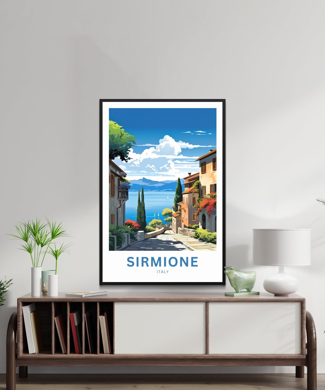 Sirmione Italy Lakeside Street Cypress View Vintage Travel Poster - Image 3