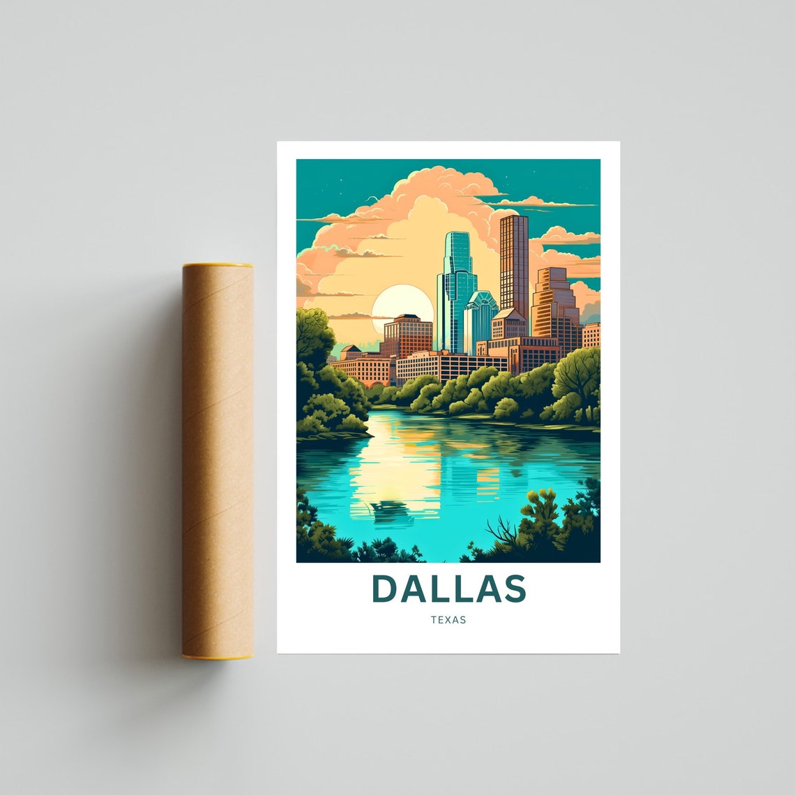Dallas Texas Skyline River Sunset Golden Reflection Travel Poster - Image 4