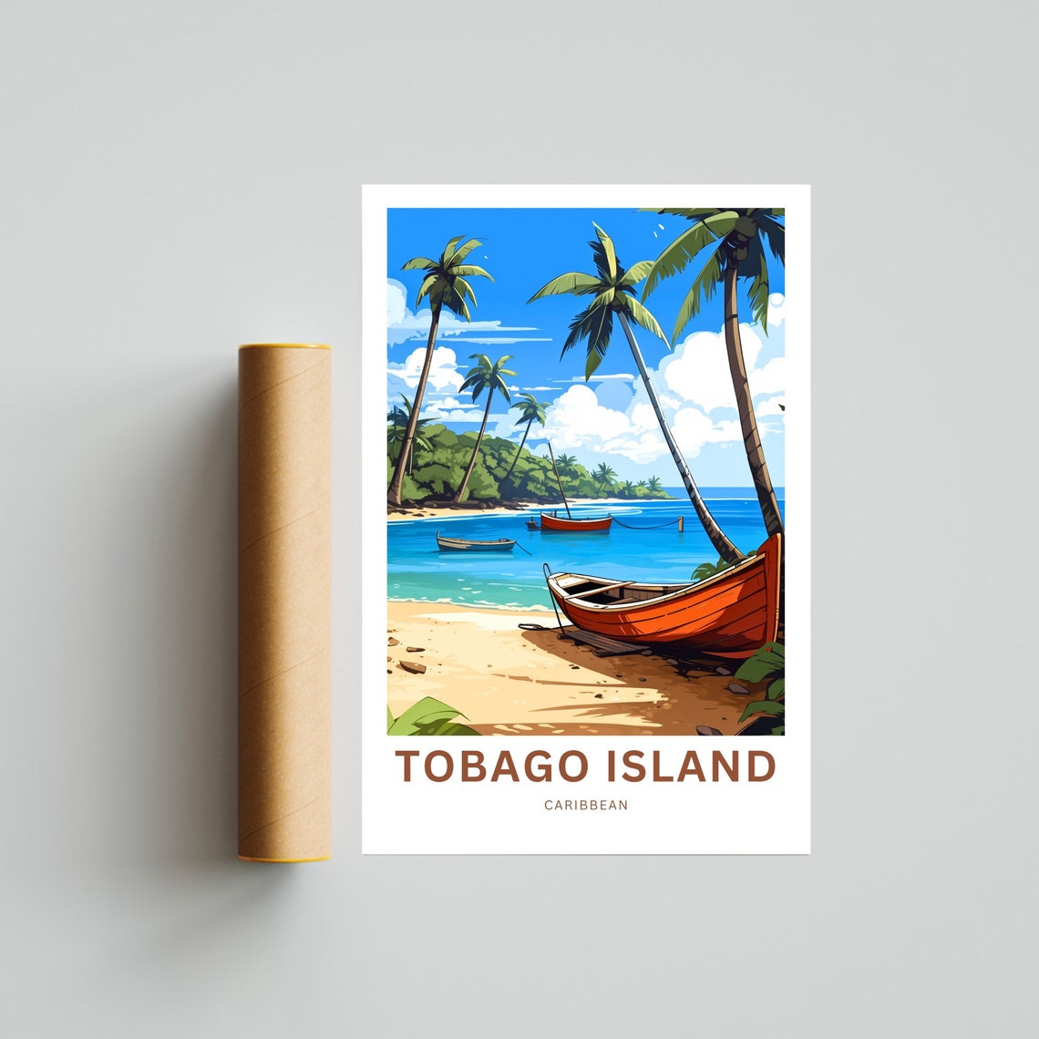 Tobago Island Caribbean Beach Orange Rowboat Tropical Travel Poster - Image 4