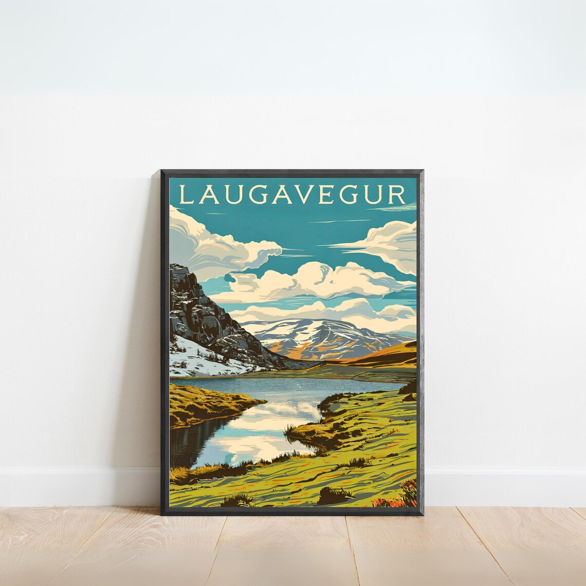 Laugavegur Iceland Mossy Valley Still Lake Vintage Travel Poster