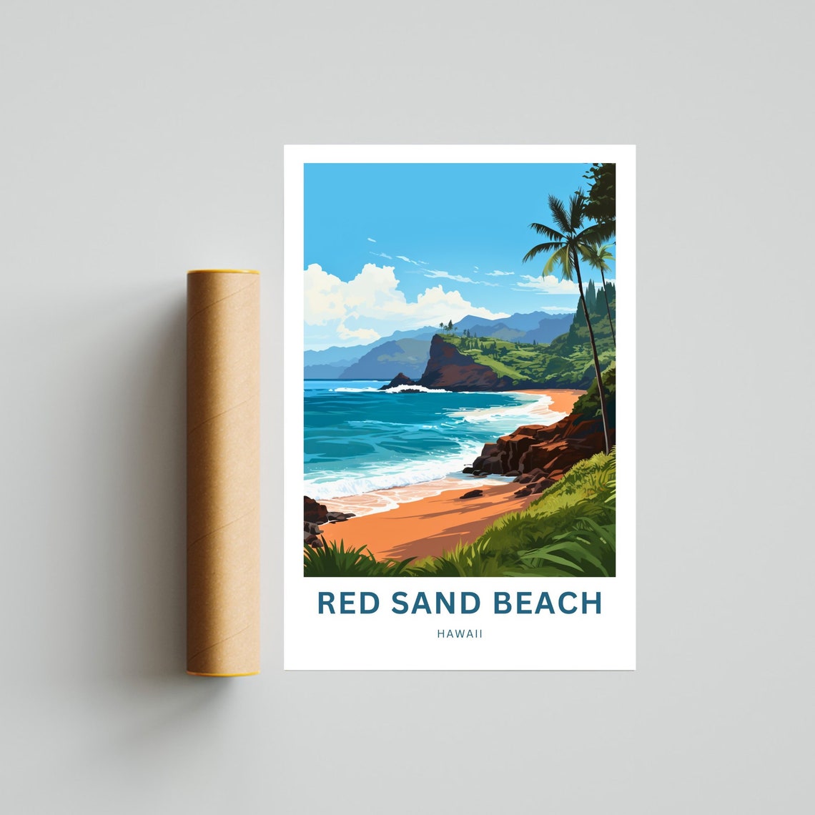 Red Sand Beach Hawaii Rocky Cove Palm Trees Ocean View Travel Poster - Image 4