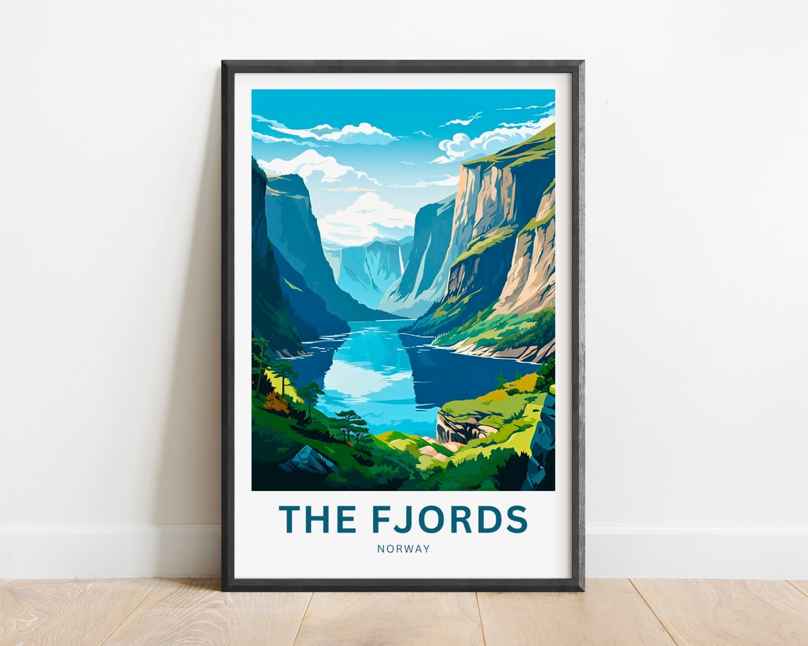 The Fjords Norway Dramatic Cliffs Deep Blue Water Travel Poster