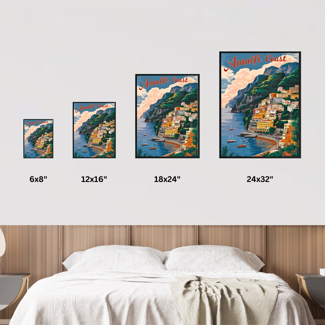 Amalfi Coast Italy Hillside Town Sailboats Vintage Travel Poster - Image 4