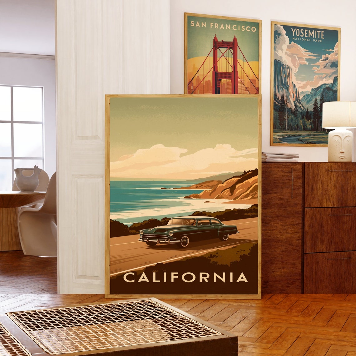California Coastal Drive Vintage Green Classic Car Travel Poster - Image 5