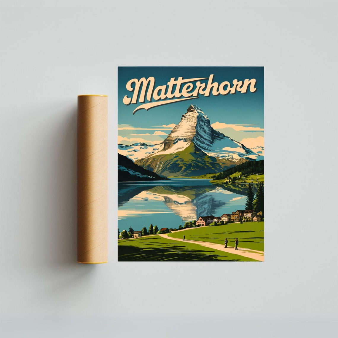 Matterhorn Village Chalets Green Shore Lake Path Vintage Poster - Image 3