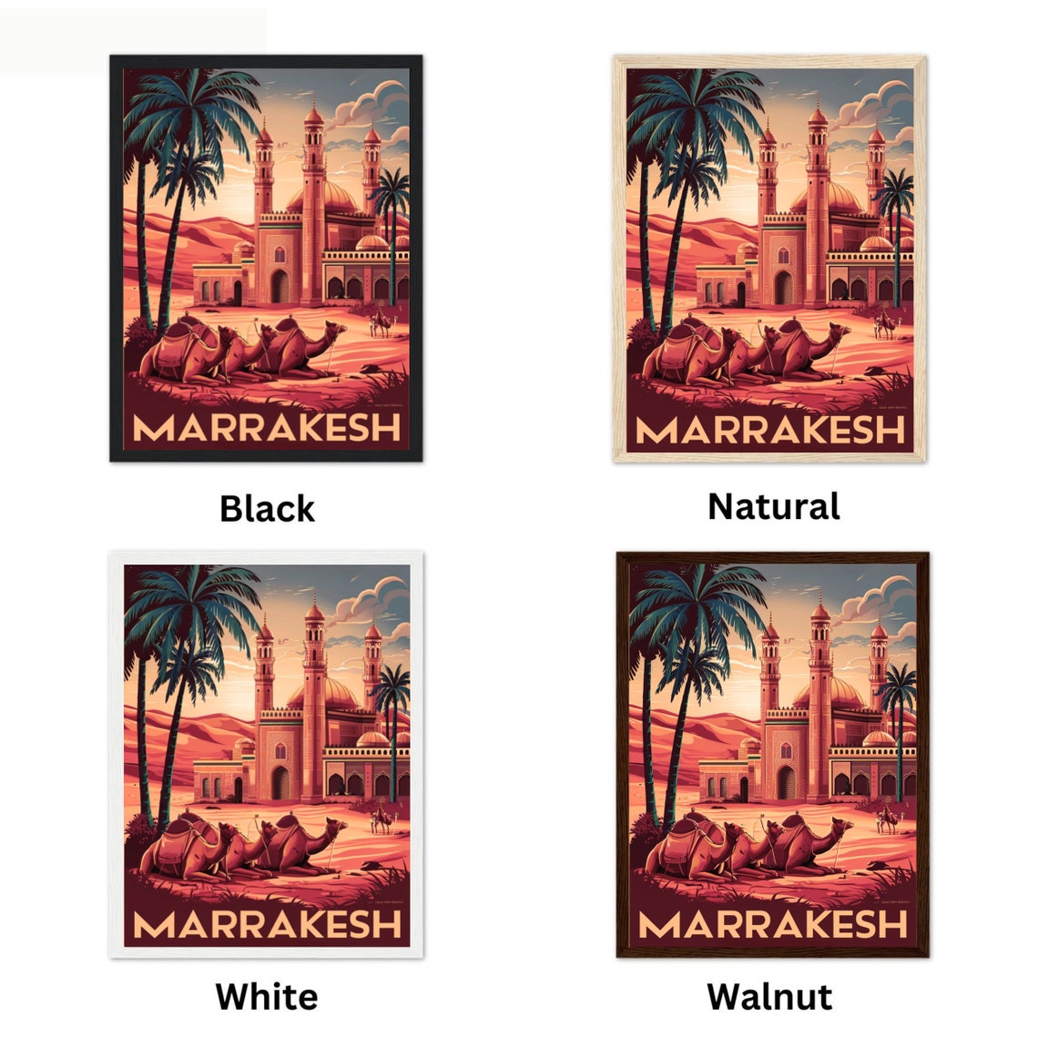 Marrakesh Morocco Mosque Minarets Camels Sunset Travel Poster - Image 4