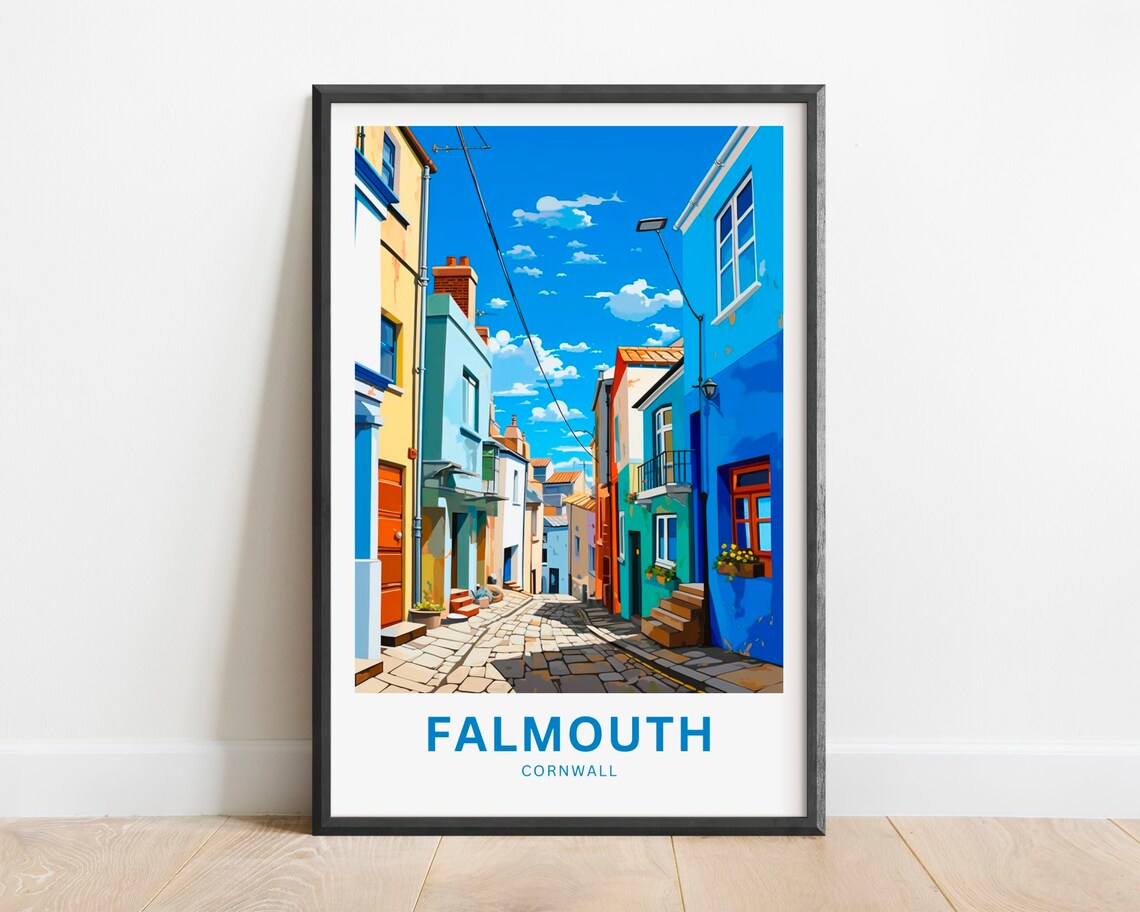 Falmouth Cornwall Colorful Cobbled Street Seaside Town Travel Poster