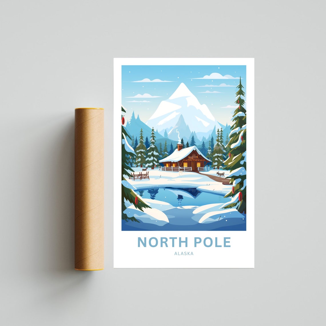 North Pole Alaska Custom Text Snowy Cabin Reindeer Travel Poster - Image 4