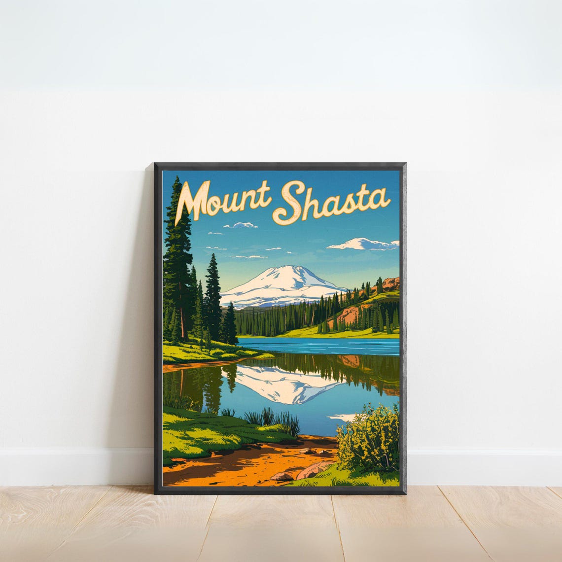 Mount Shasta California Lake Reflection Pine Forest Travel Poster
