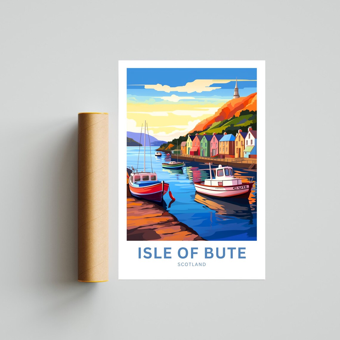 Personalized Isle Of Bute Scotland Colorful Harbor Boats Travel Poster - Image 5