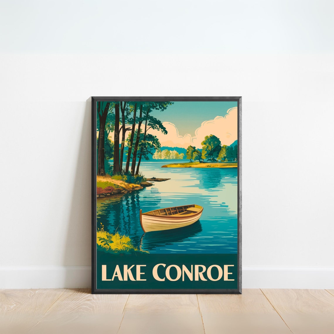 Lake Conroe Texas Vintage Canoe Pine Shoreline Travel Poster