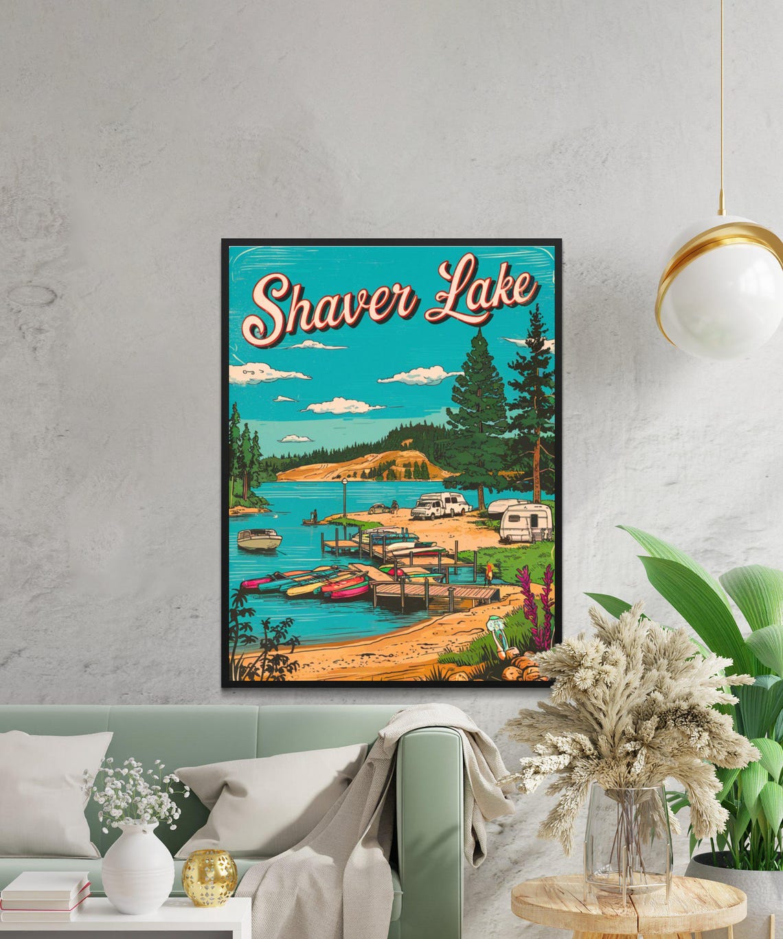 Shaver Lake Retro Script Campground Canoes Marina Scene Poster - Image 2