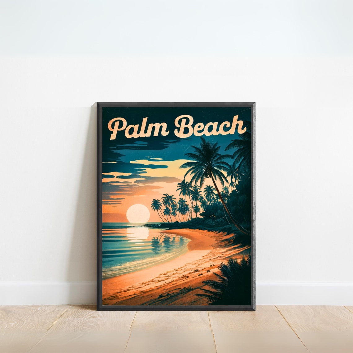 Palm Beach Sunset Silhouette Palms Beach Retro Vintage Travel Poster