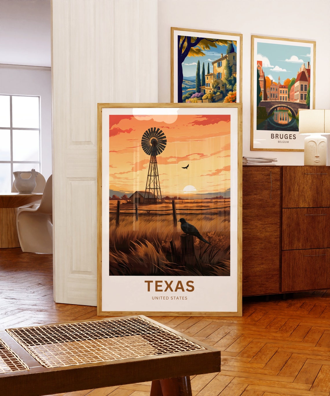 Texas Windmill Sunset Birds Fence Personalized Custom Text Poster - Image 5