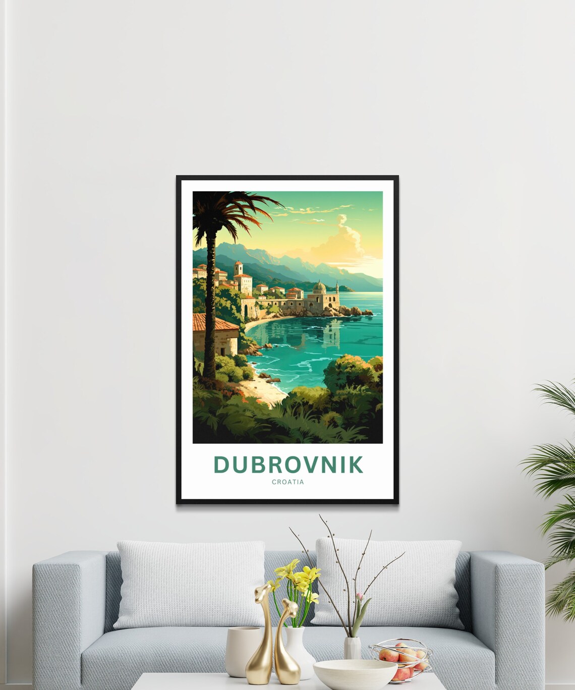 Dubrovnik Croatia Teal Bay Old Town Walls Palm Travel Art Poster - Image 3