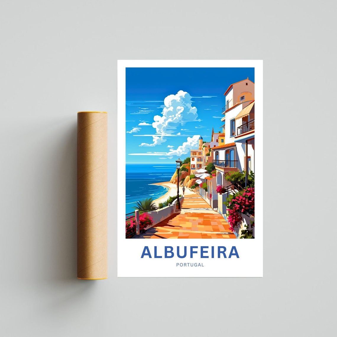 Albufeira Portugal Sunny Seafront Beach Promenade Travel Poster - Image 4