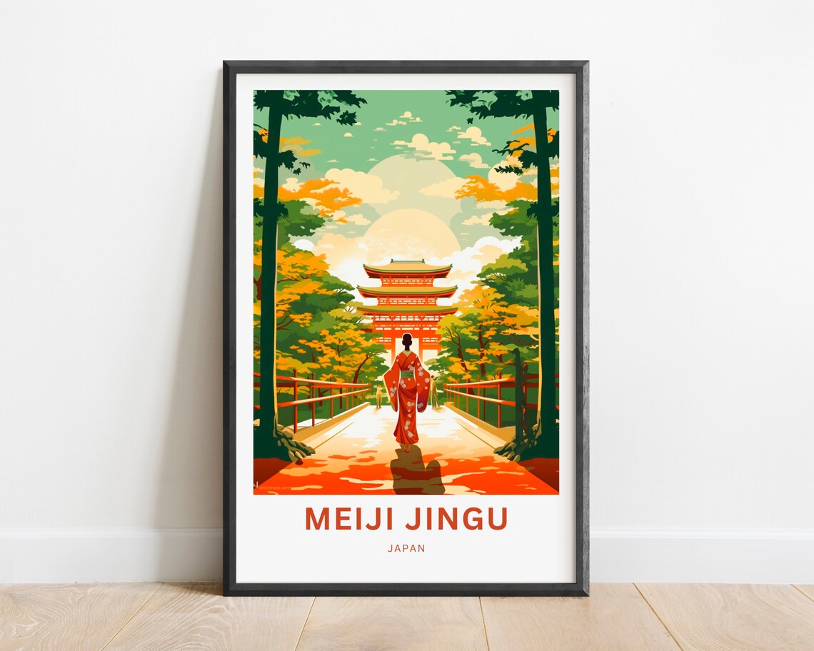 Meiji Jingu Japan Shrine Pagoda Kimono Vintage Travel Poster