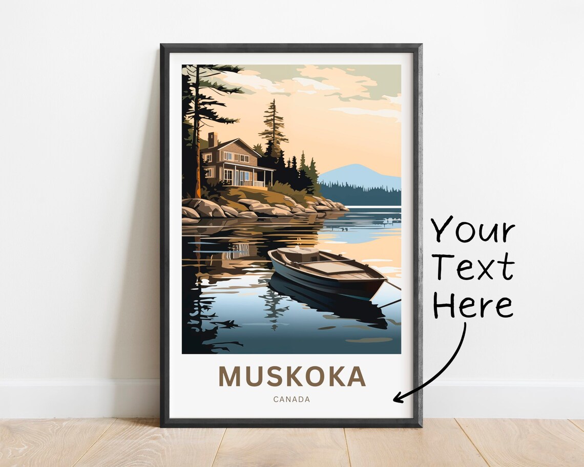Personalized Muskoka Canada Lakeside Cabin Rowboat Travel Poster