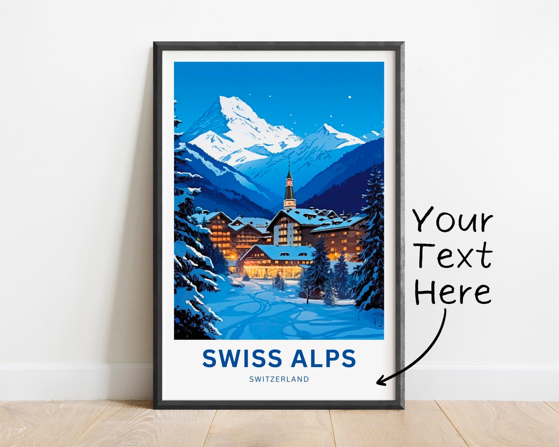 Personalized Swiss Alps Village Winter Night Snow Custom Travel Poster