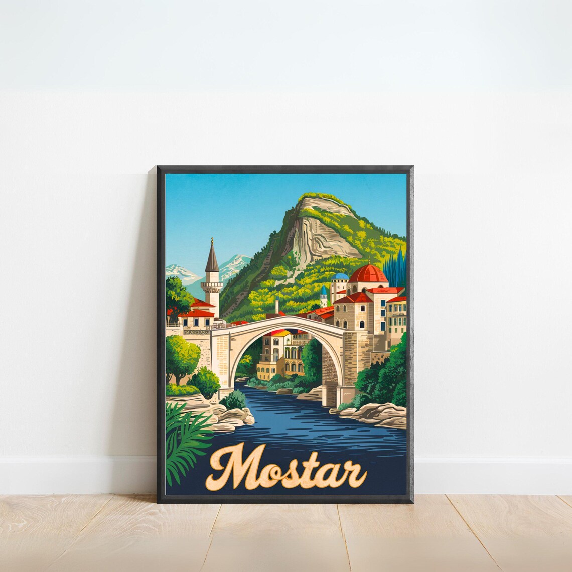 Mostar Bosnia Old Bridge River Old Town Vintage Art Travel Poster
