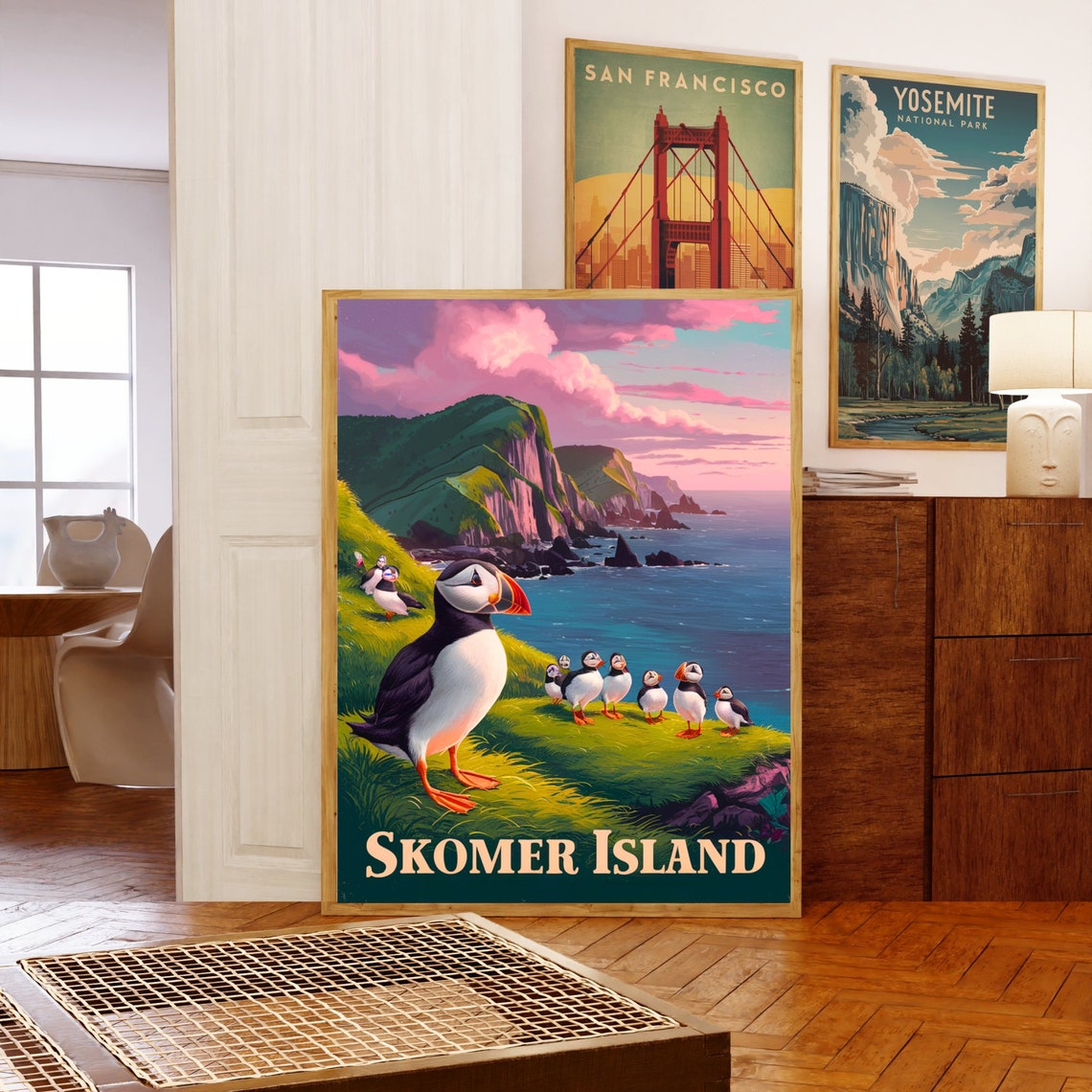 Skomer Island Wales Vintage Puffins on Cliffs at Pink Sunset Poster - Image 5
