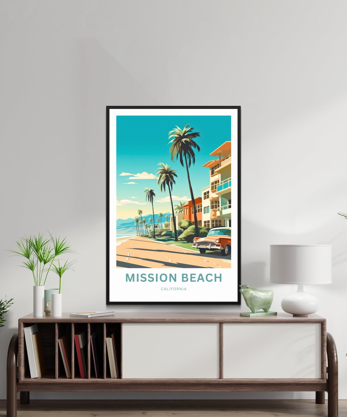Mission Beach California Palm Lined Classic Retro Travel Poster - Image 2