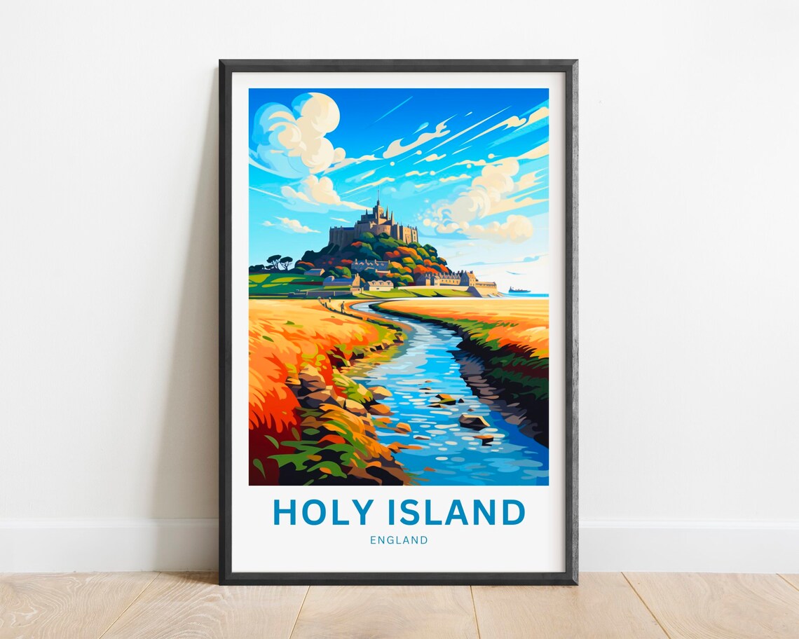 Holy Island England Castle Tidal River Golden Marsh Travel Poster