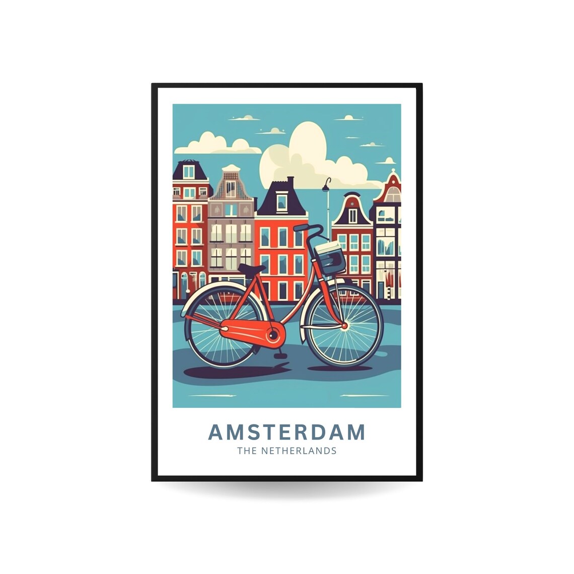 Amsterdam Red Bicycle Canal Houses Dutch City Vintage Travel Poster