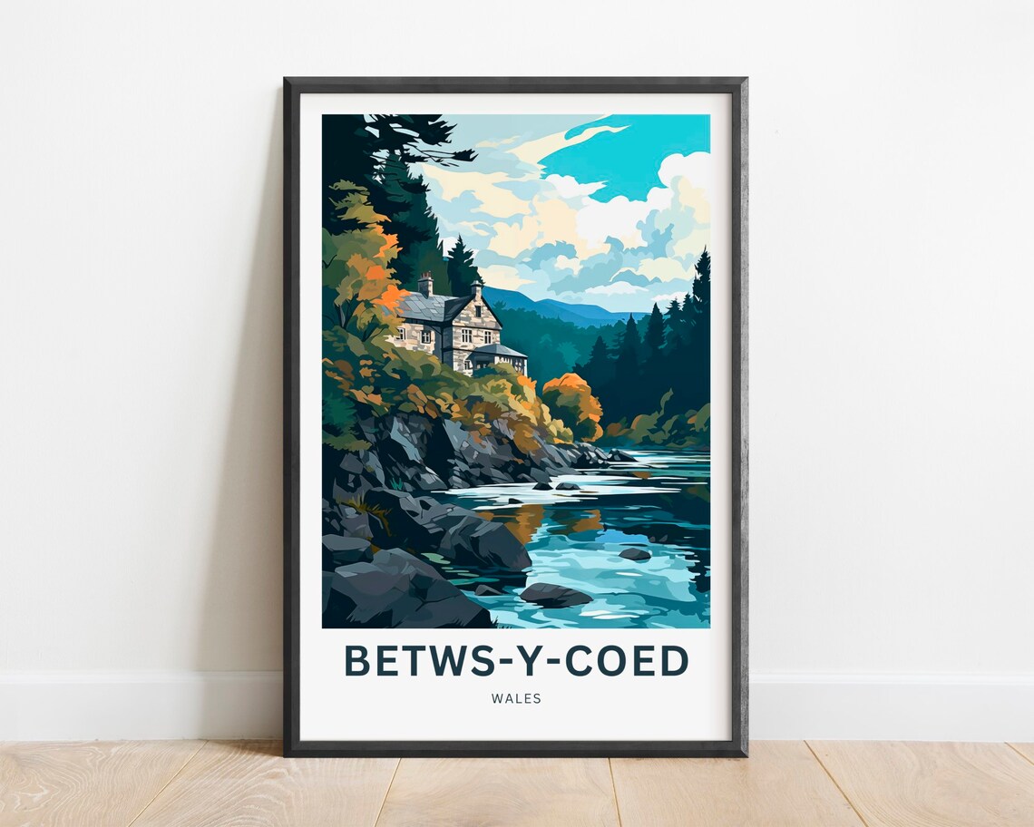 Betws Y Coed Wales Autumn River Stone Cottage Landscape Travel Poster