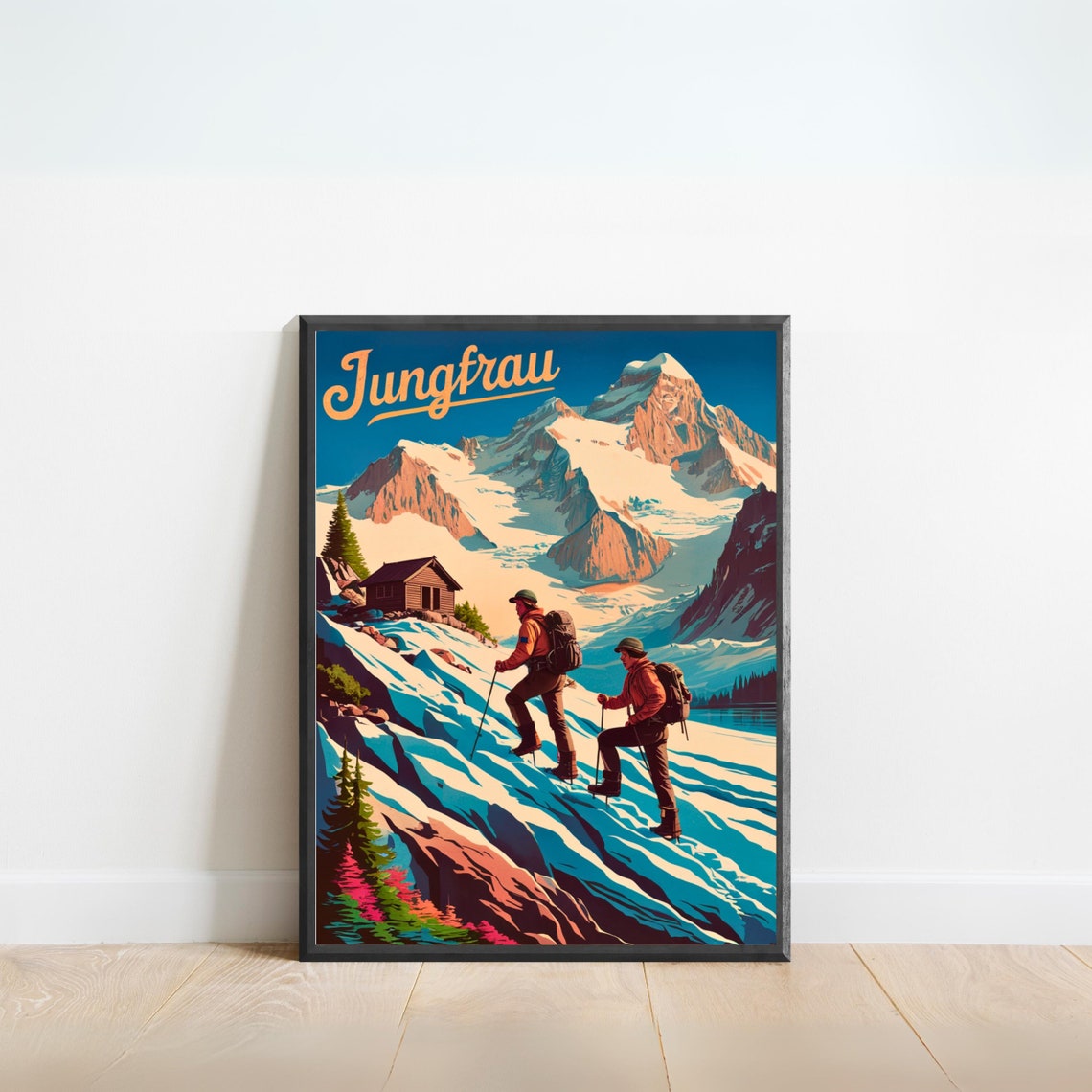 Jungfrau Switzerland Vintage Hikers Snowy Alps Travel Poster