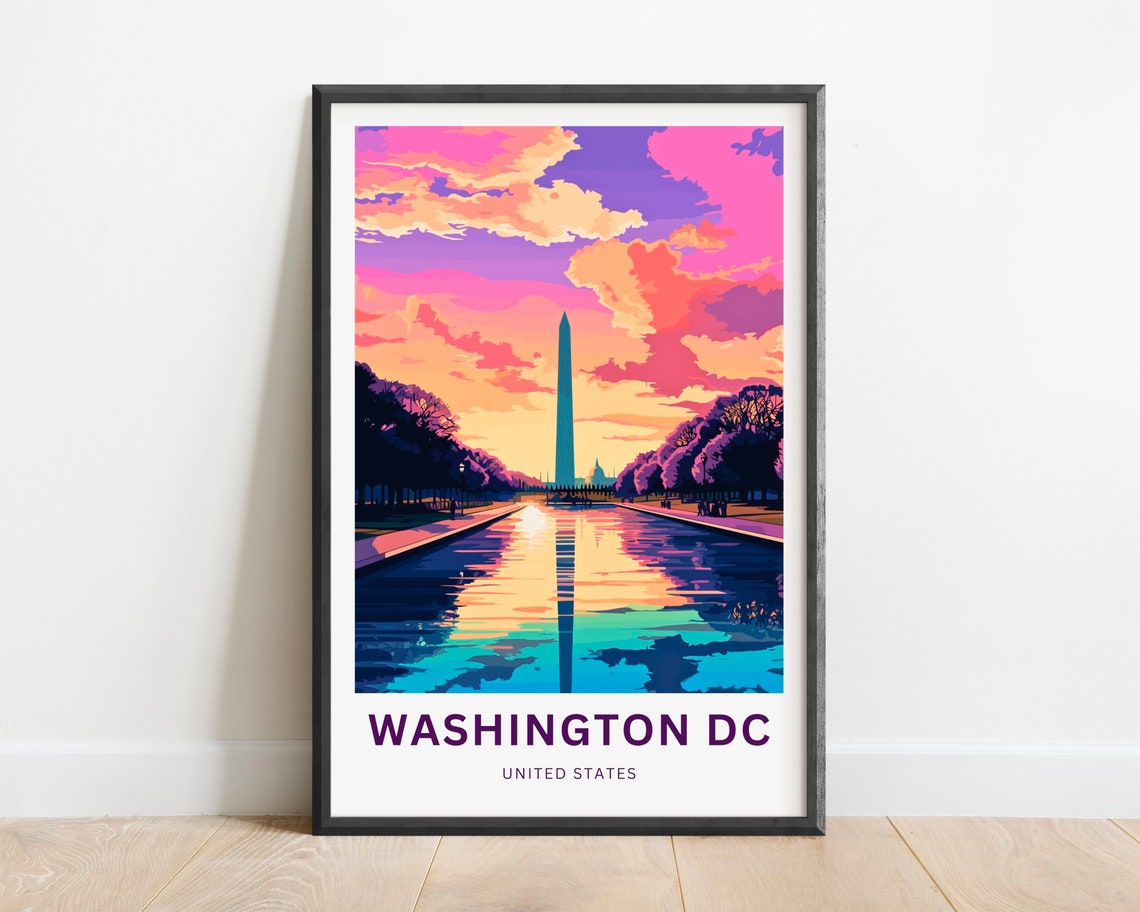 Washington DC Monument Reflecting Pool Pink Sky Custom Travel Poster