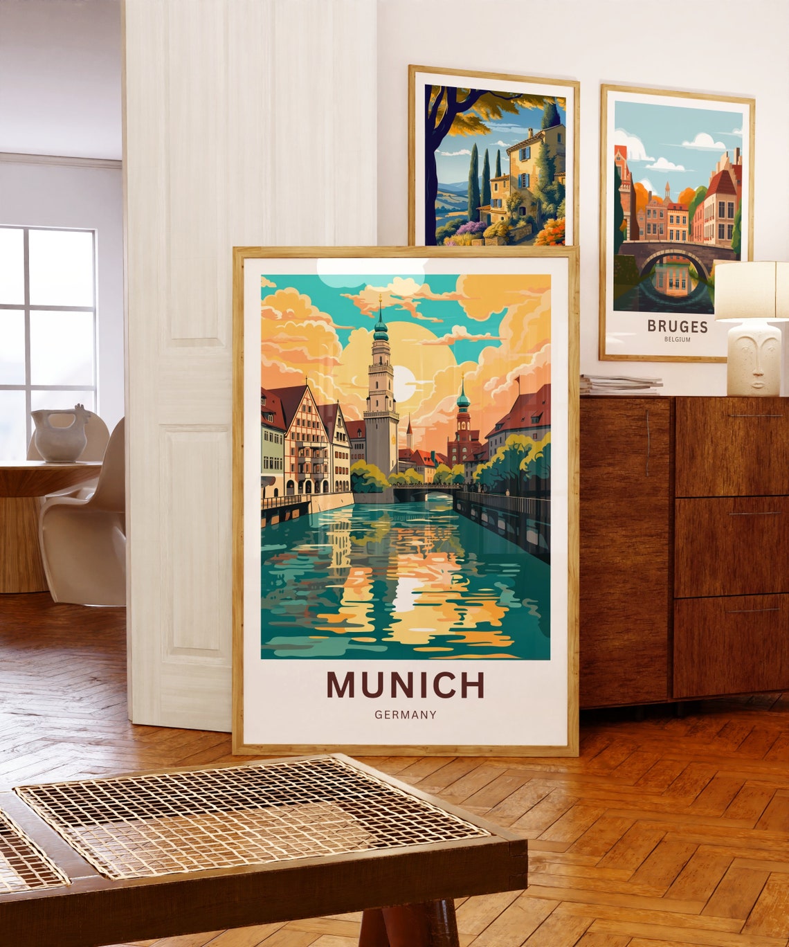 Munich Germany River Sunset Old Town Towers Illustrated Poster - Image 5