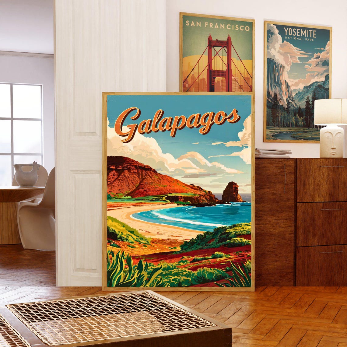 Galapagos Islands Vintage Beach Cove Volcanic Hills Travel Poster - Image 5