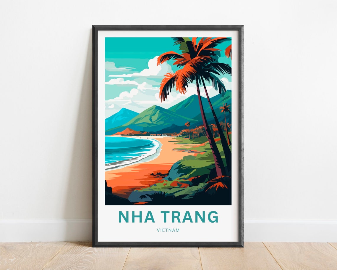 Nha Trang Vietnam Golden Beach Palms Mountain Coast Scene Poster