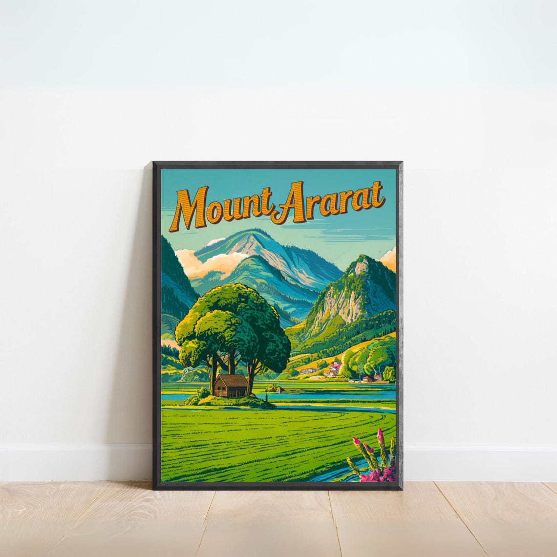 Mount Ararat Vintage Style Mountain Meadow With Cabin Poster