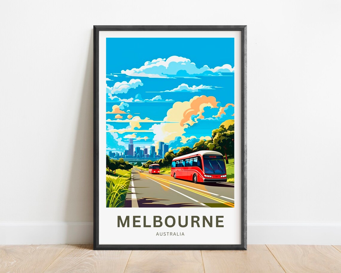 Melbourne Australia Red Bus City Skyline Road Trip Travel Poster