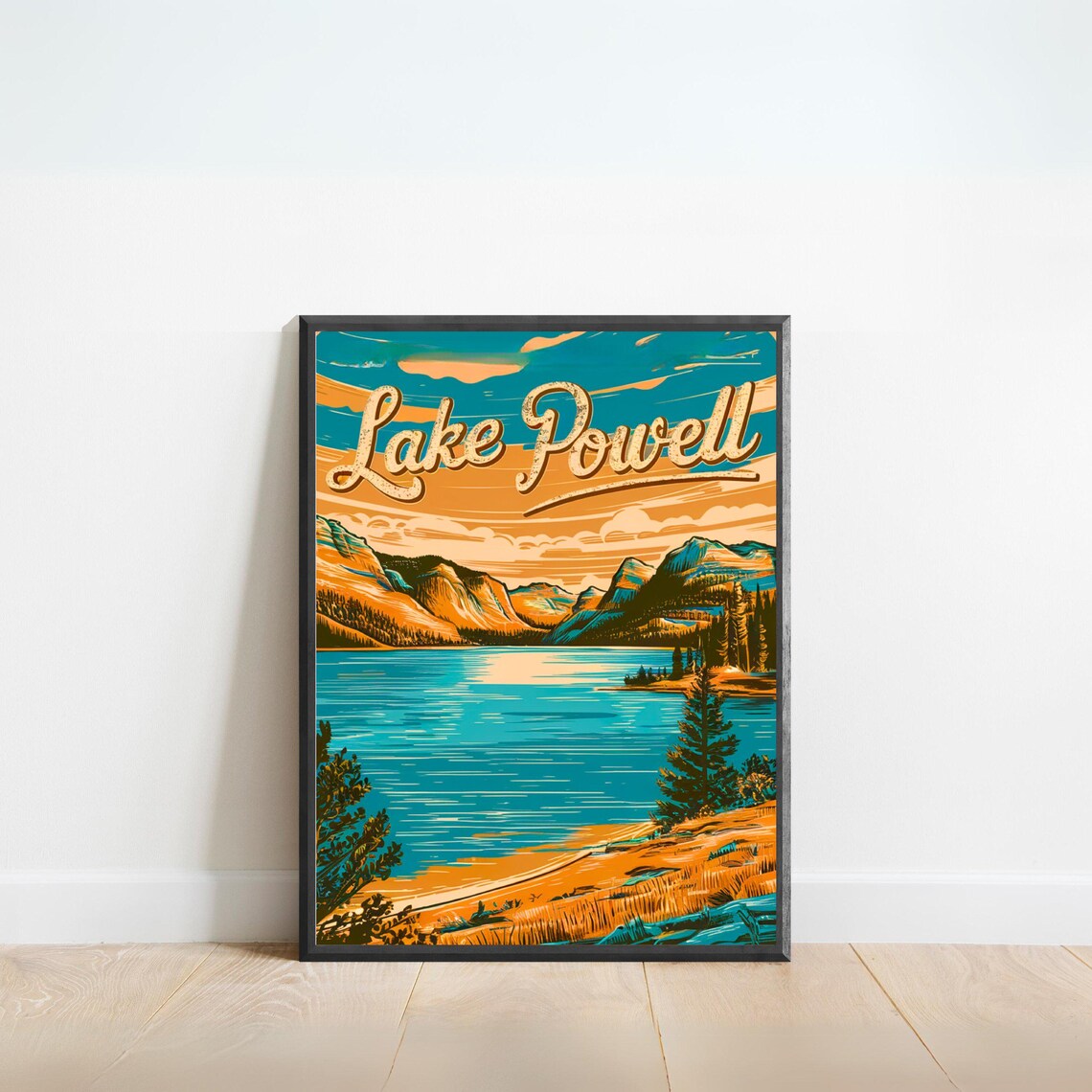 Lake Powell Vintage Golden Sunset Desert Lake View Travel Poster