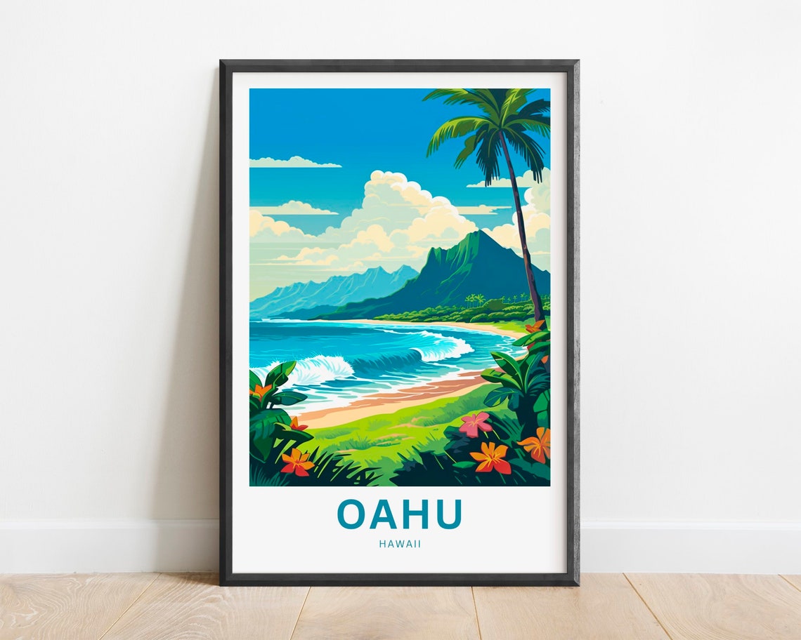 Oahu Hawaii Tropical Beach Palm Trees Mountain Waves View Poster