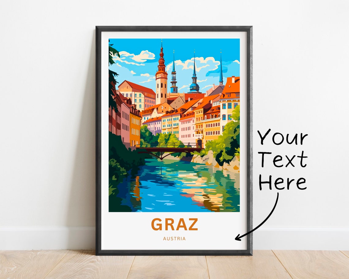 Graz Austria Riverfront Historic Buildings Bridge Custom Poster