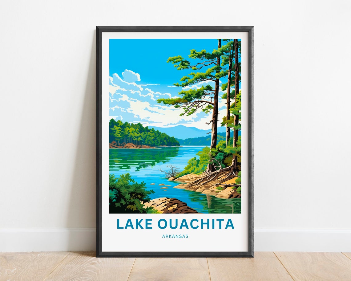 Lake Ouachita Arkansas Tall Pine Trees Lakeside View Travel Poster