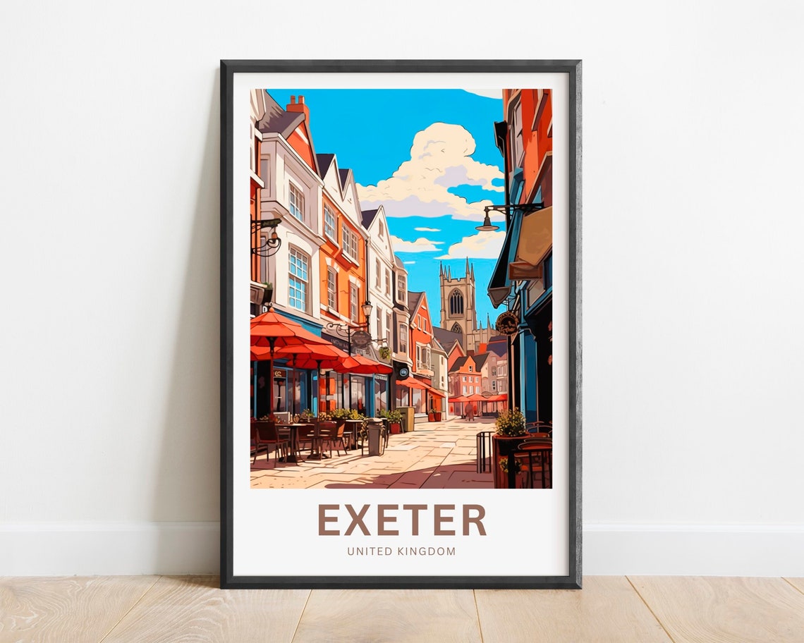 Exeter United Kingdom Cathedral Old Street Cafes Travel Poster