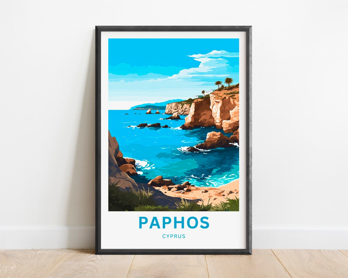 Paphos Cyprus Dramatic Rocky Cove Sparkling Turquoise Water Poster - Image 2