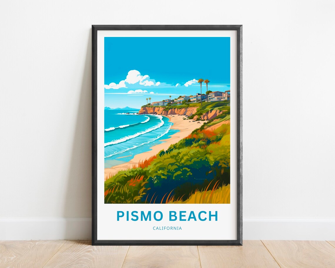 Pismo Beach California Cliffs Surf Waves Retro Coastal Travel Poster