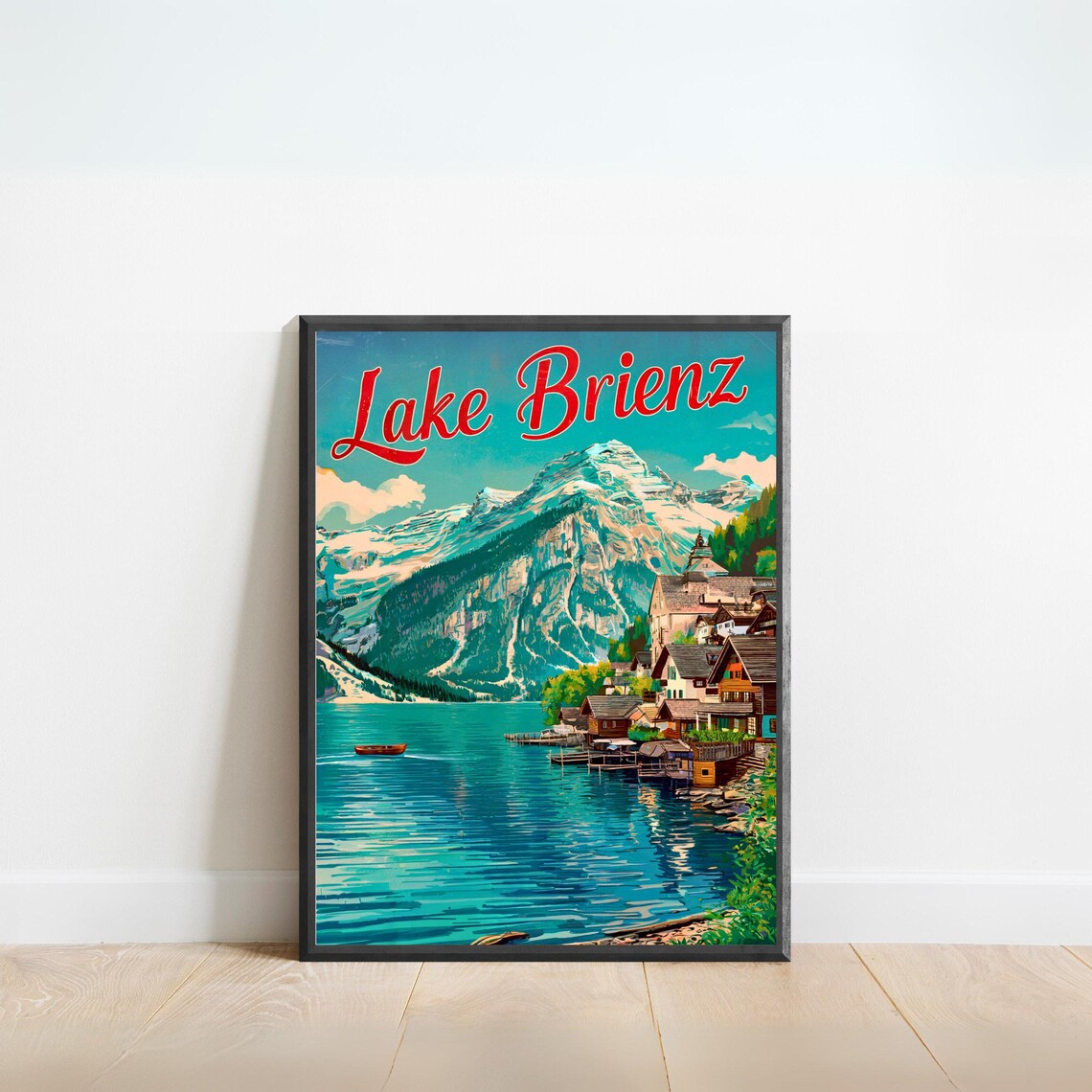 Lake Brienz Switzerland Vintage Lakeside Village Mountain Poster