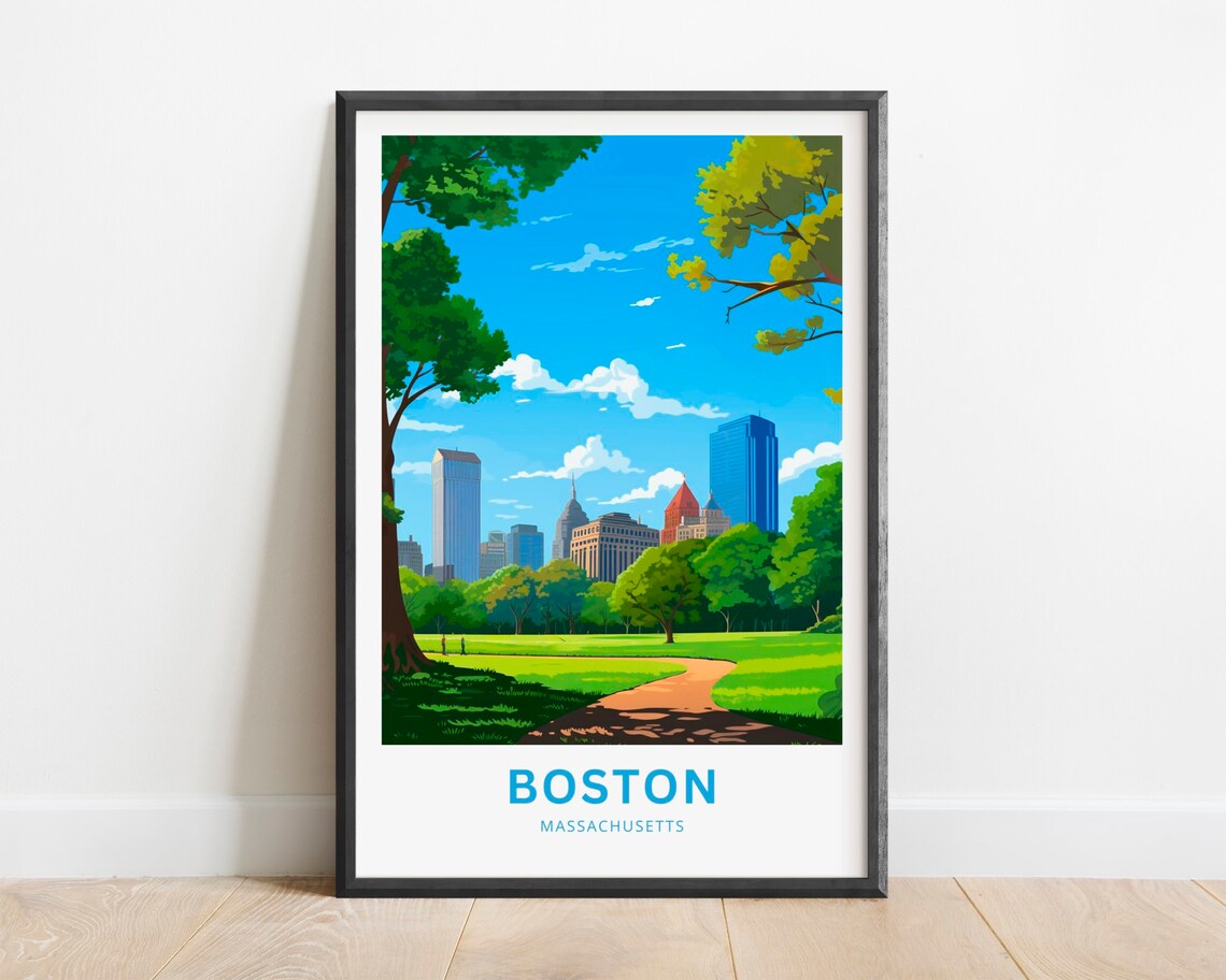 Boston Massachusetts Skyline Park Summer City Retro Travel Poster