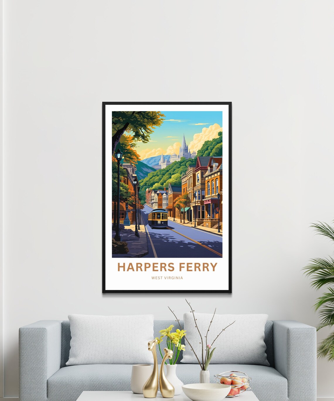 Harpers Ferry Trolley Street with Hilltop Church Scene Travel Poster - Image 3